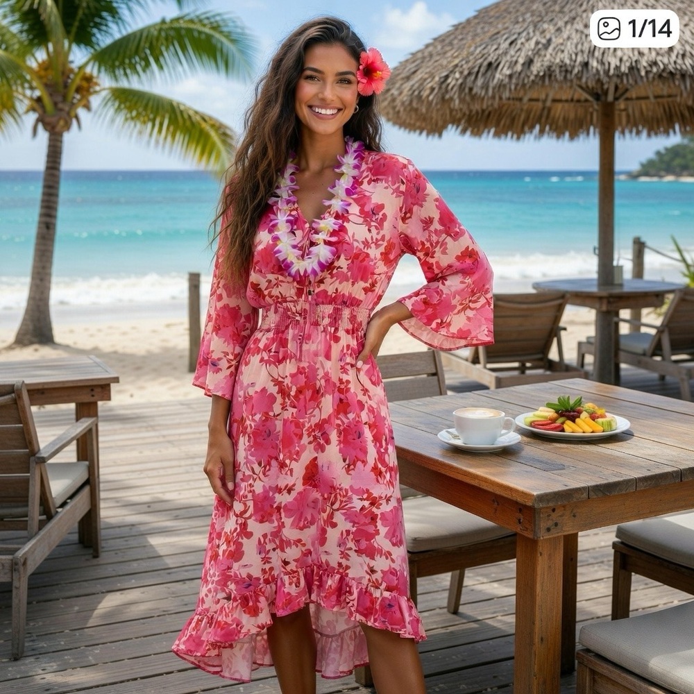Pink Floral High-Low Midi Dress with Ruffle Hem - Size Large